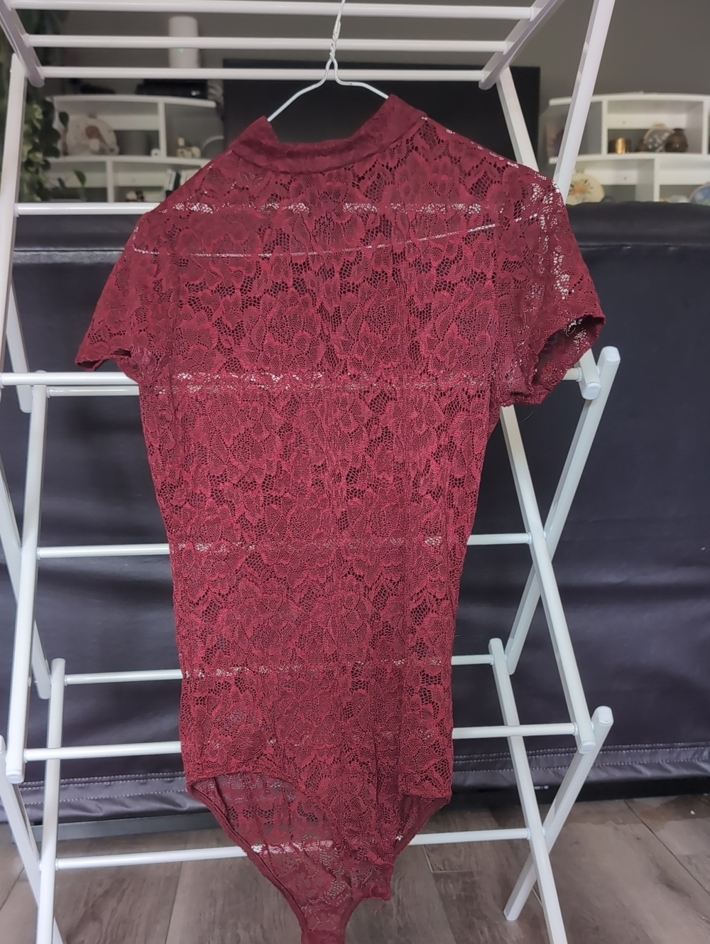 Burgundy Lace Short-Sleeve Shirt Bodysuit